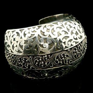 Lois Hill Wide Sterling Silver Filigree & Granulation Statement Cuff Bracelet